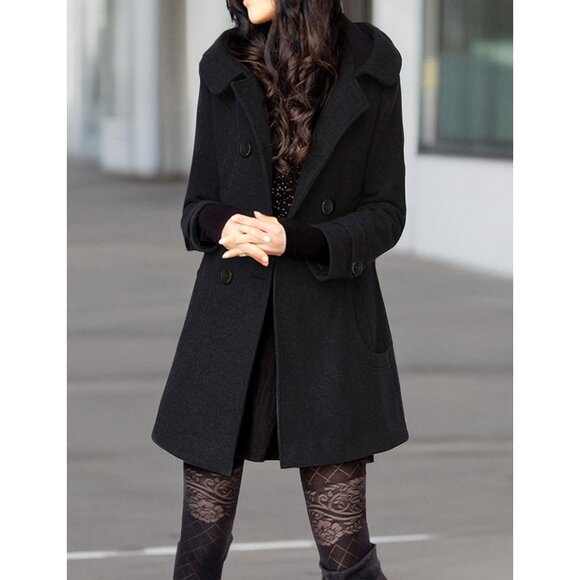 Women's Black Warm Double Breasted Wool Pea Coat Trench Coat Jacket with Hood - Picture 8 of 8